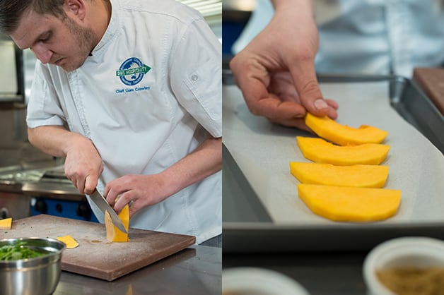 Here the chef is seen slicing the pumpkin