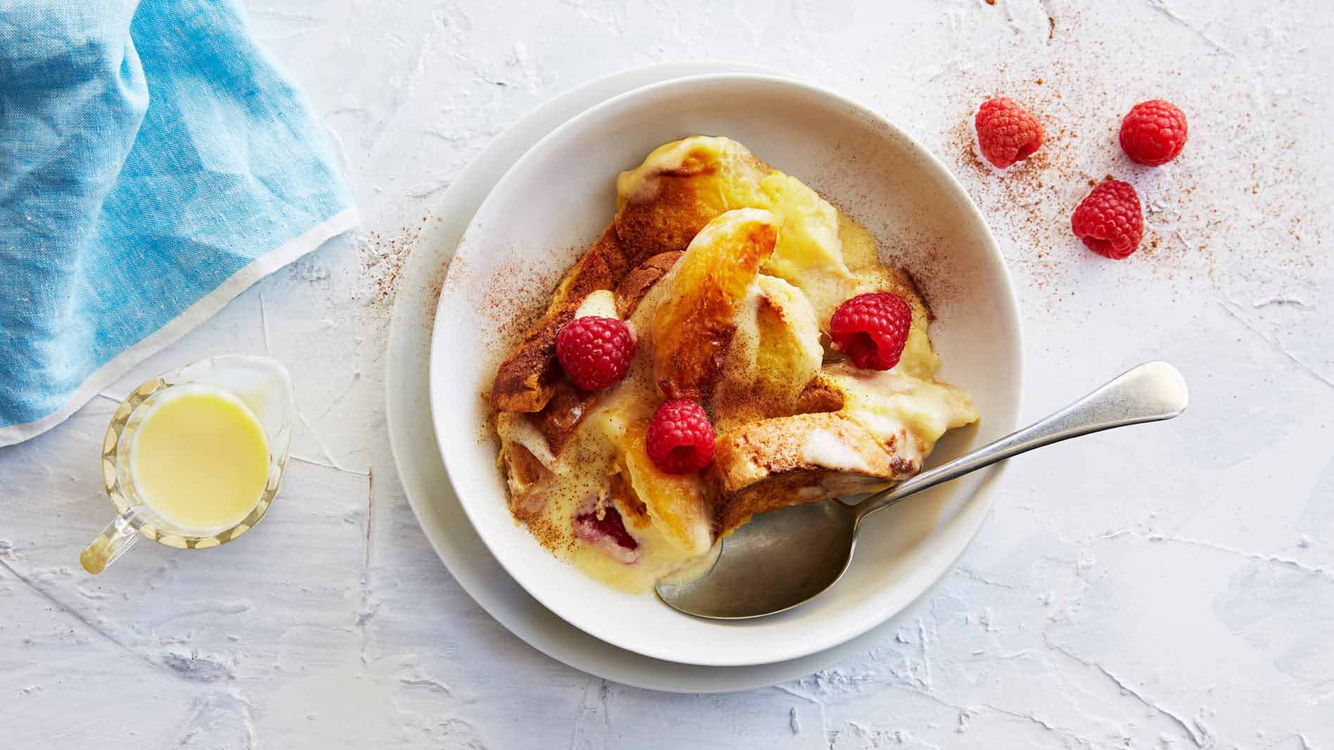 Bread and Butter Pudding with Peaches and Raspberries