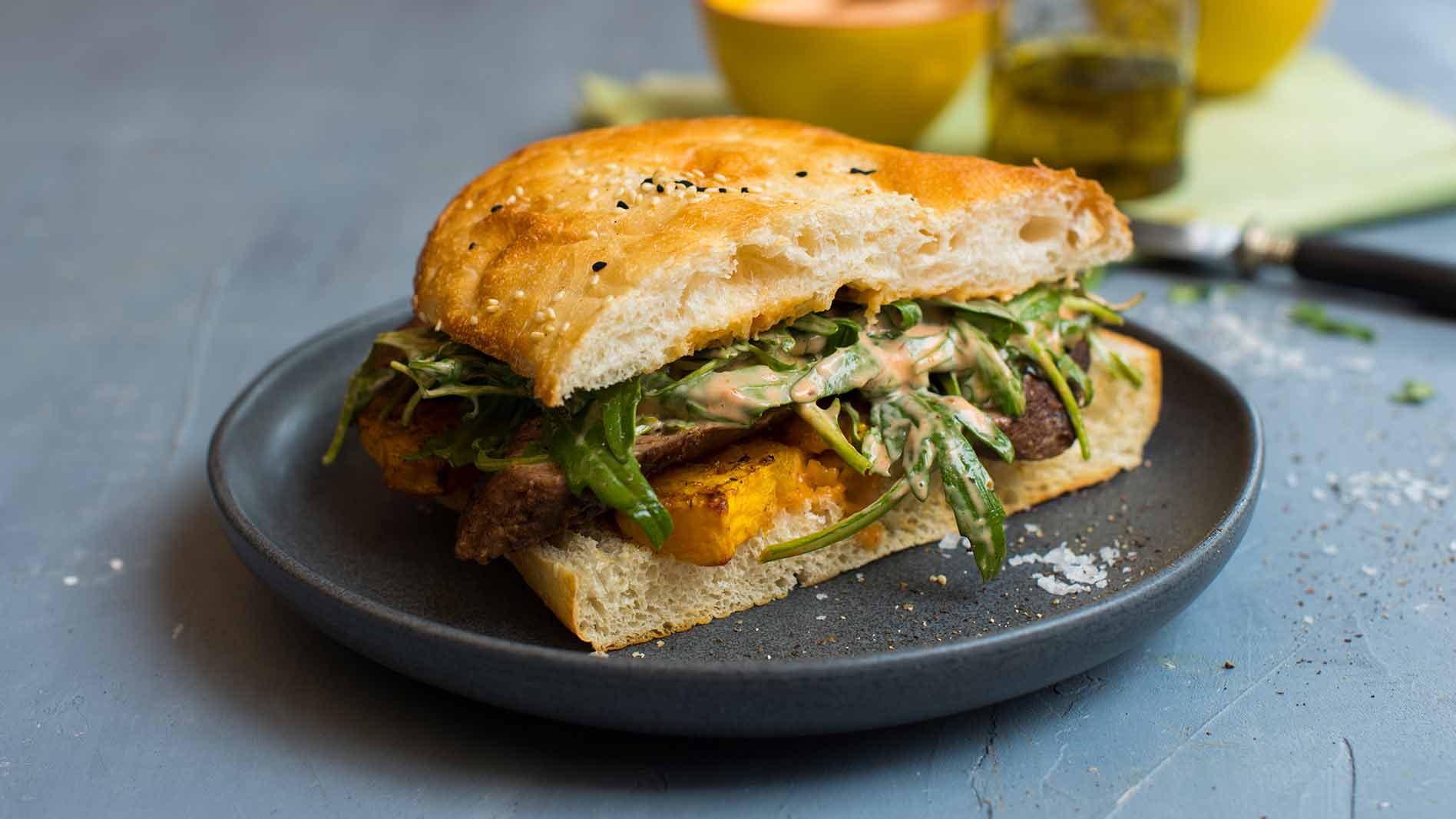 Shredded Moroccan Lamb, Pumpkin & Rocket on Grilled Turkish Bread