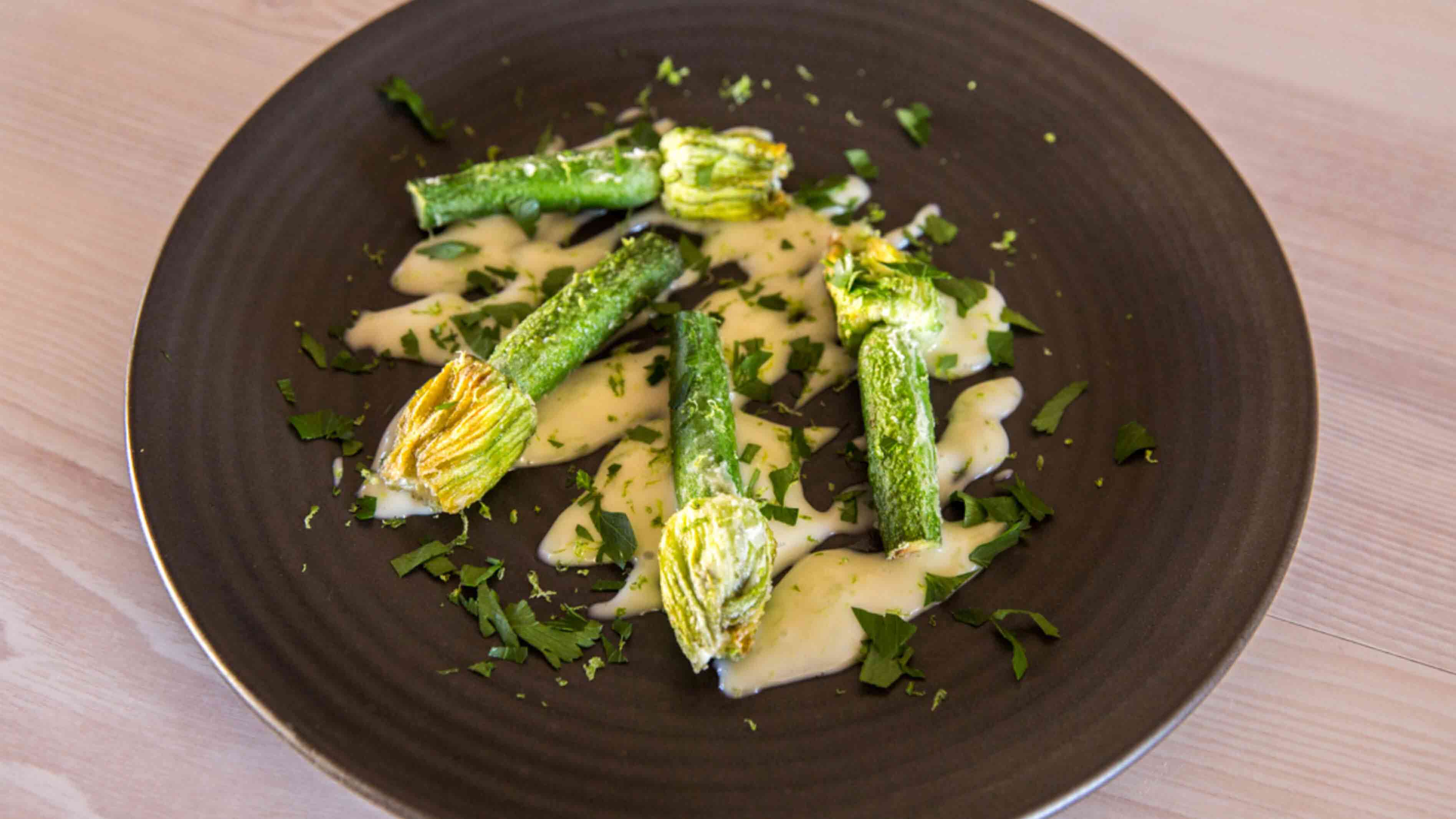 Four Cheese Stuffed Zucchini Flowers with Citrus and Honey Mayonnaise