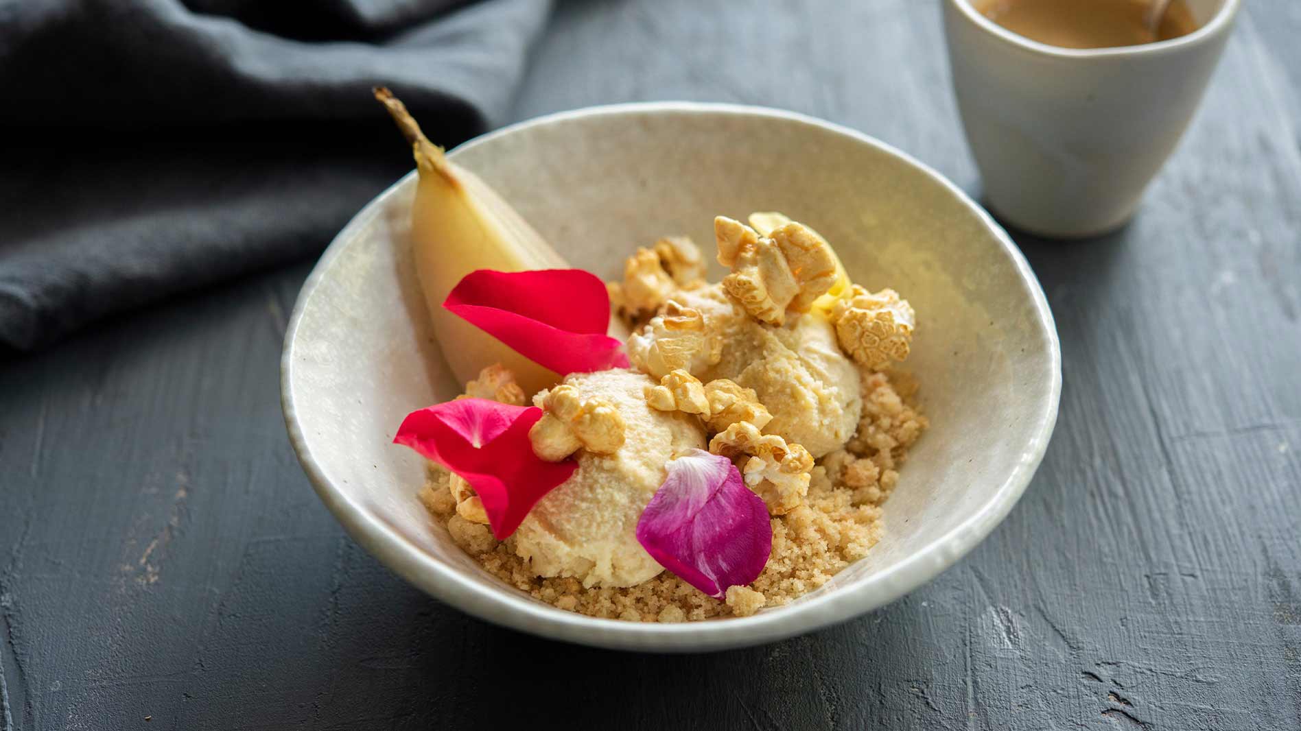 Beurre Noisette Ice Cream with Butter Crumb, Caramel Popcorn & Poached Pears