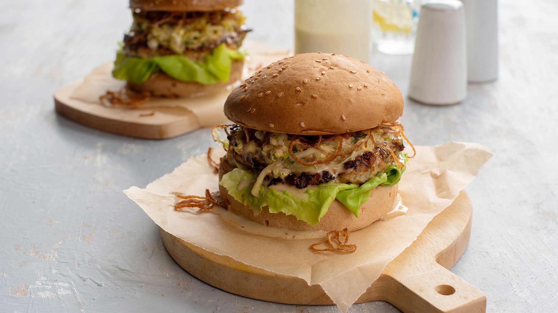 Gluten Free Burger With Chicken, Kim Chi and Sesame Mayonnaise