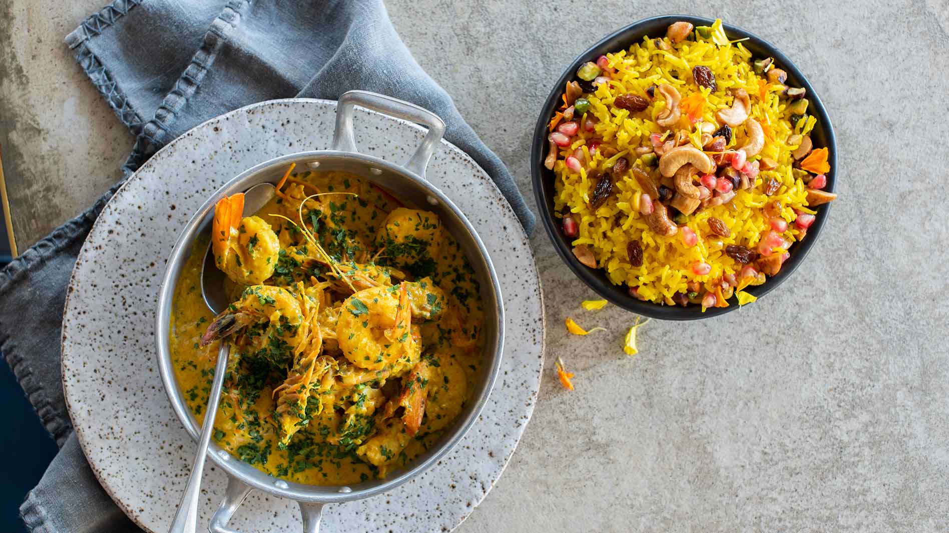 Saffron pilaf with malsi prawn curry