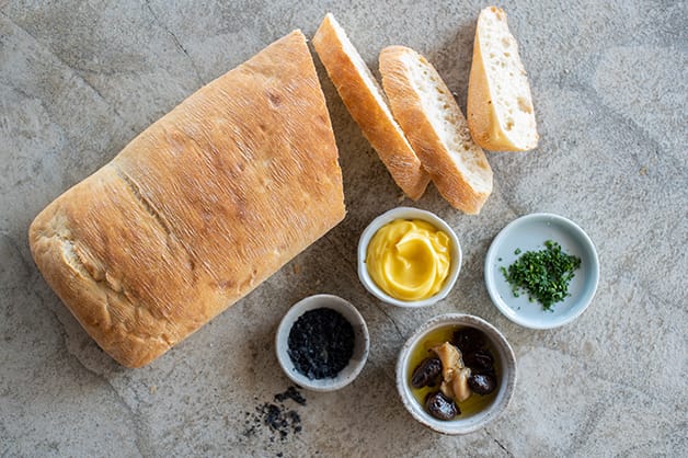 Raw ingredients for the black garlic bread recipe