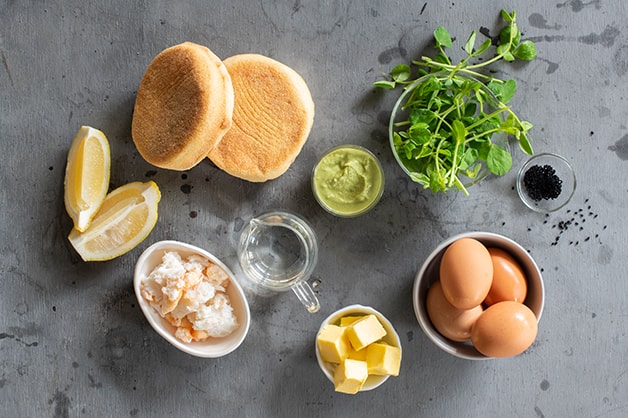 Image of the raw ingredients for the xSpanner crab and wasabi eggs benedict