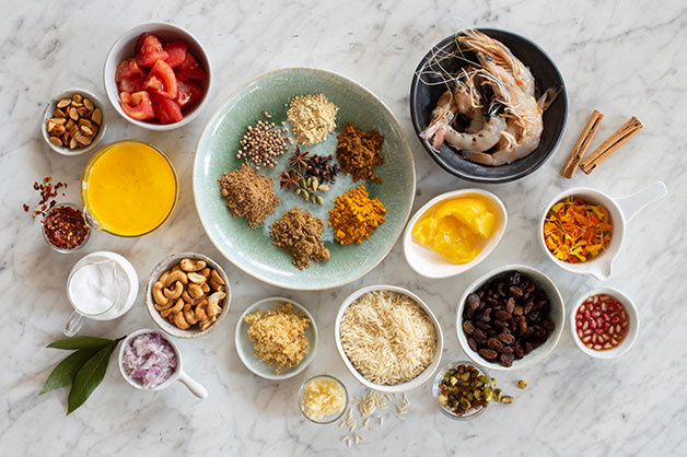 Image of the raw ingredients for the prawn curry 