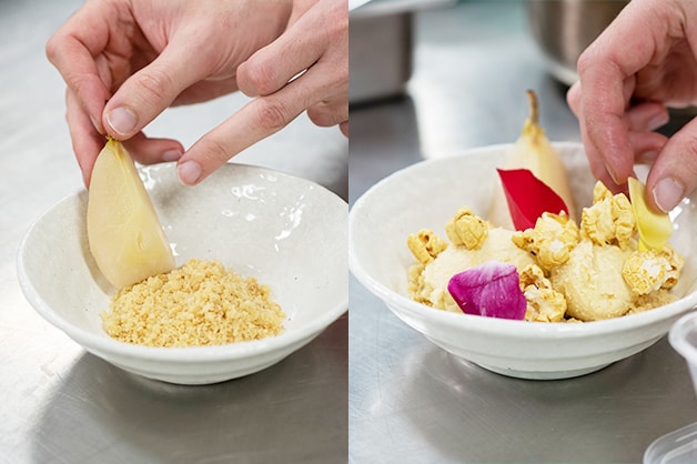 Plating the final dish using edible flowers