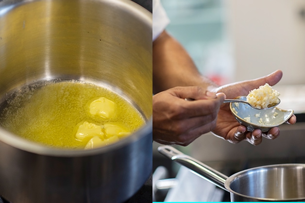 Melting butter and adding garlic to a pot