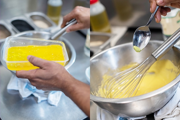 Adding butter and wasabi to the beated eggs