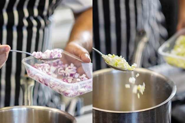 Adding onion and leak to the pot