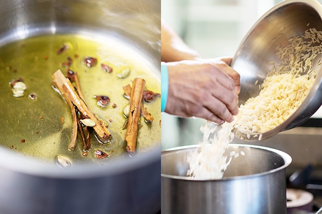 Adding the spices and rice to the pot