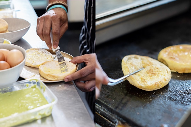 Coating the Wonder White English Muffins with butter