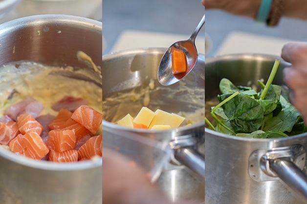 Adding all of the vegetables for the pie filling