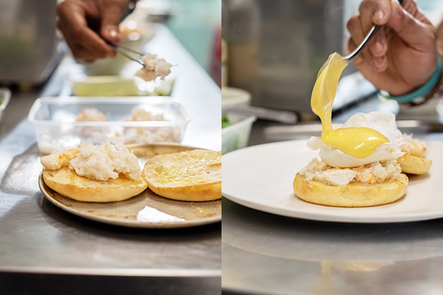 Adding crab and sauce to the muffin