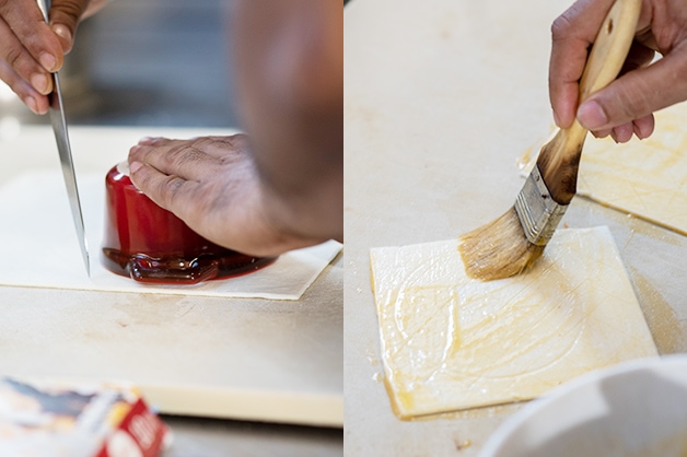 Slicing the Pampas Puff Pastry and coating with egg wash