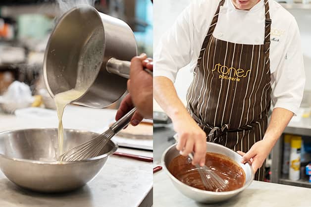 Pouring hot cream over the chocolate to melt it