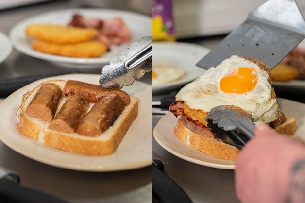 Image is of the chef building the tradie sandwich