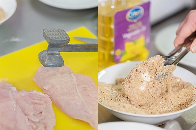 The image shows the chef using the Goodman Fielder Crumbs for breading of the chicken