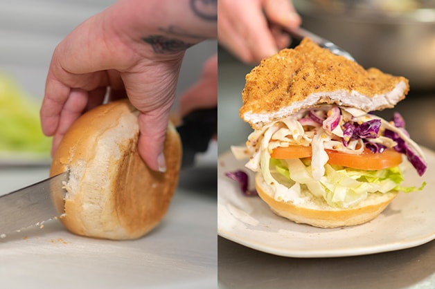 Chef is shown slicing the QBA milk bun and building the burger