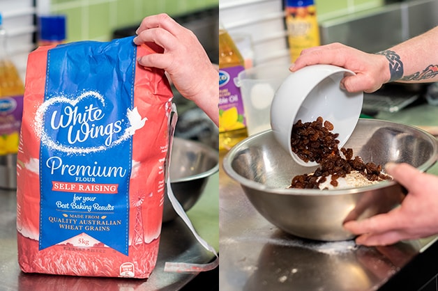 Image of the chef combining the White Wings Plain Flour and Sultanas 