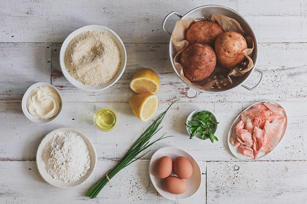 Image is of the raw ingredients for the Smoked trout croquette