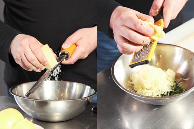 Chef adds the trout and three cheese into a bowl