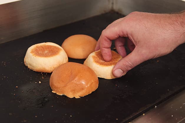 Photo shows the QBA Milk Bun Sliders being toasted