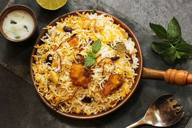 Image is of a biryani dish