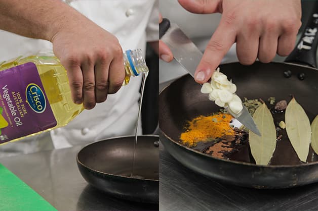 Adding the curry ingredients into a pan