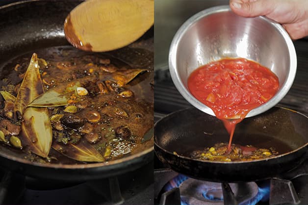 Adding tomato can into the curry mixture