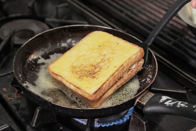 Flipping the sandwich in the pan