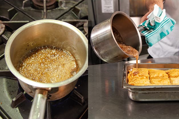 Pouring syrup over the cooked baklava