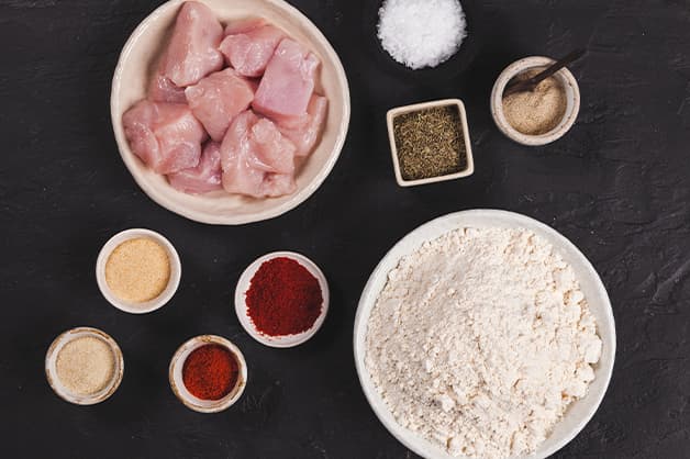 All the ingredients of the chicken nuggets recipe laid out
