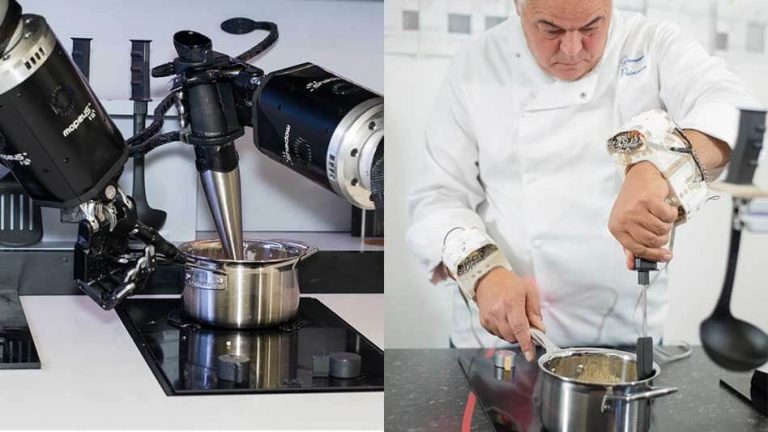 A picture of a chef robotic and a real life chef