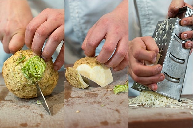 The chef is seen cleaning the celiac 