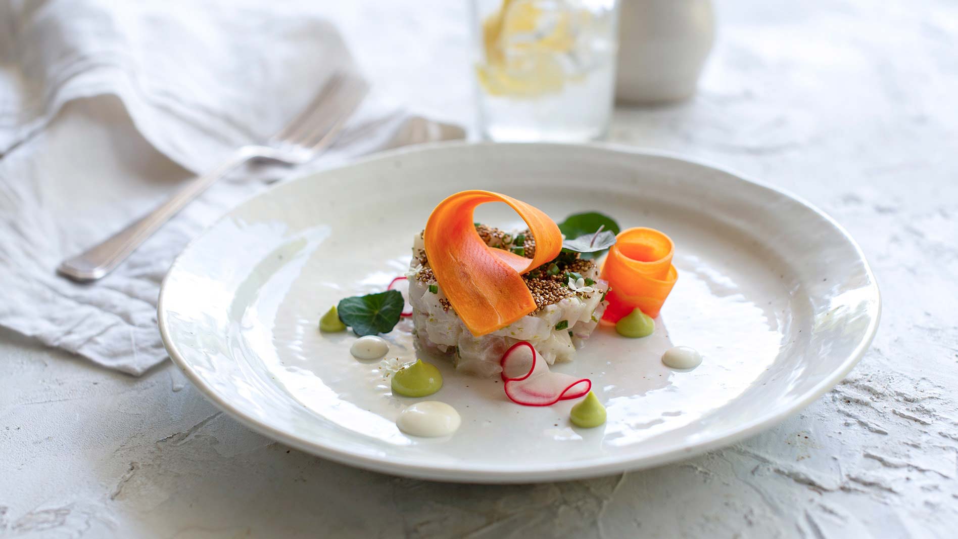 Kingfish ceviche with pickled vegetables: