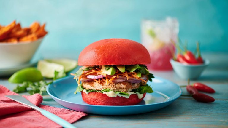 five spice chicken burger with flavoured milk bun