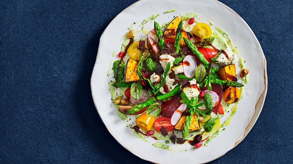 Roasted Pumpkin, Beetroot, and Persian Feta Salad with Salsa Verde