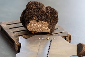 Black truffle placed on a small wooden truffle holder, with a slicer beside it