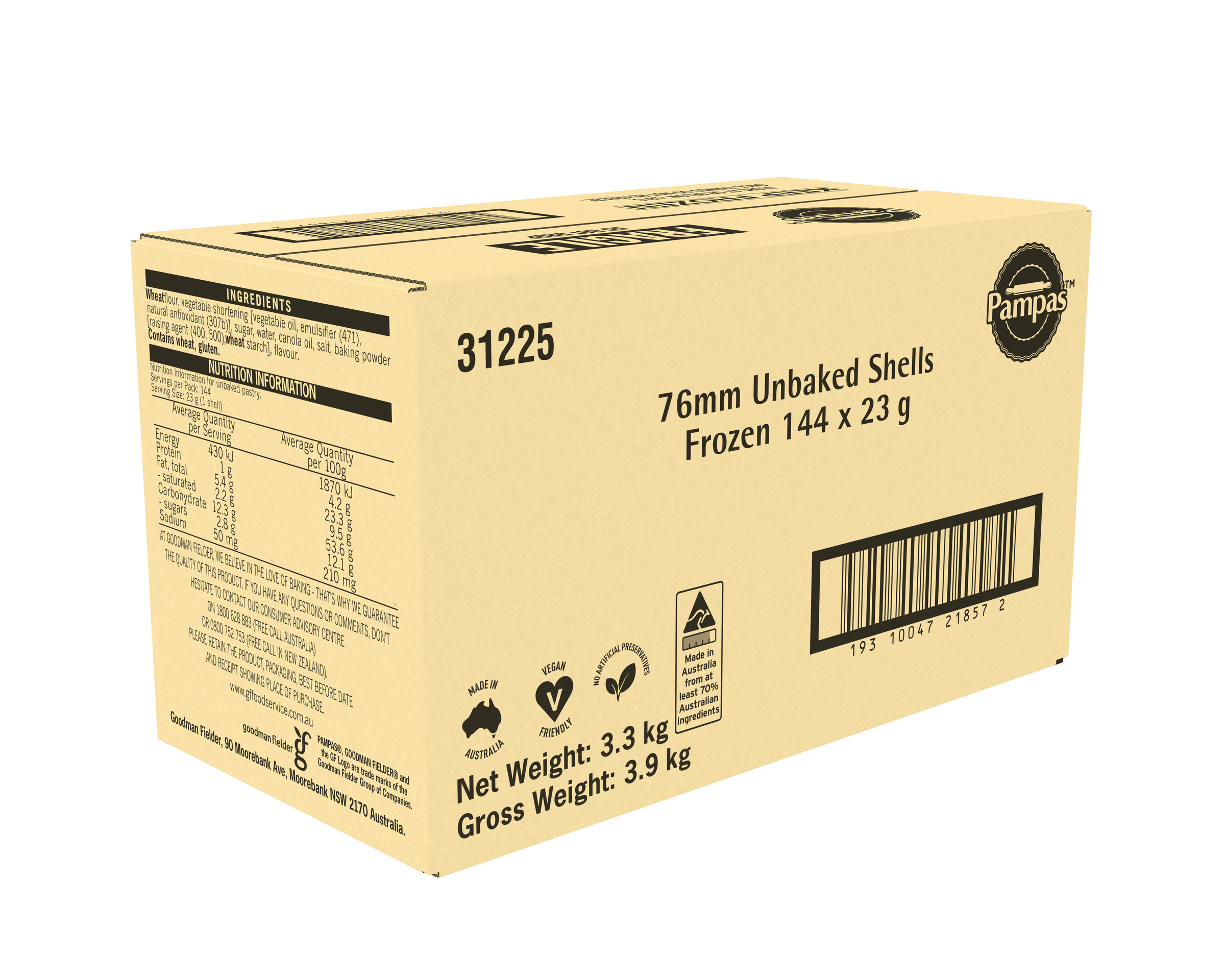 Pampas Unbaked Shells Frozen 144 x 23g