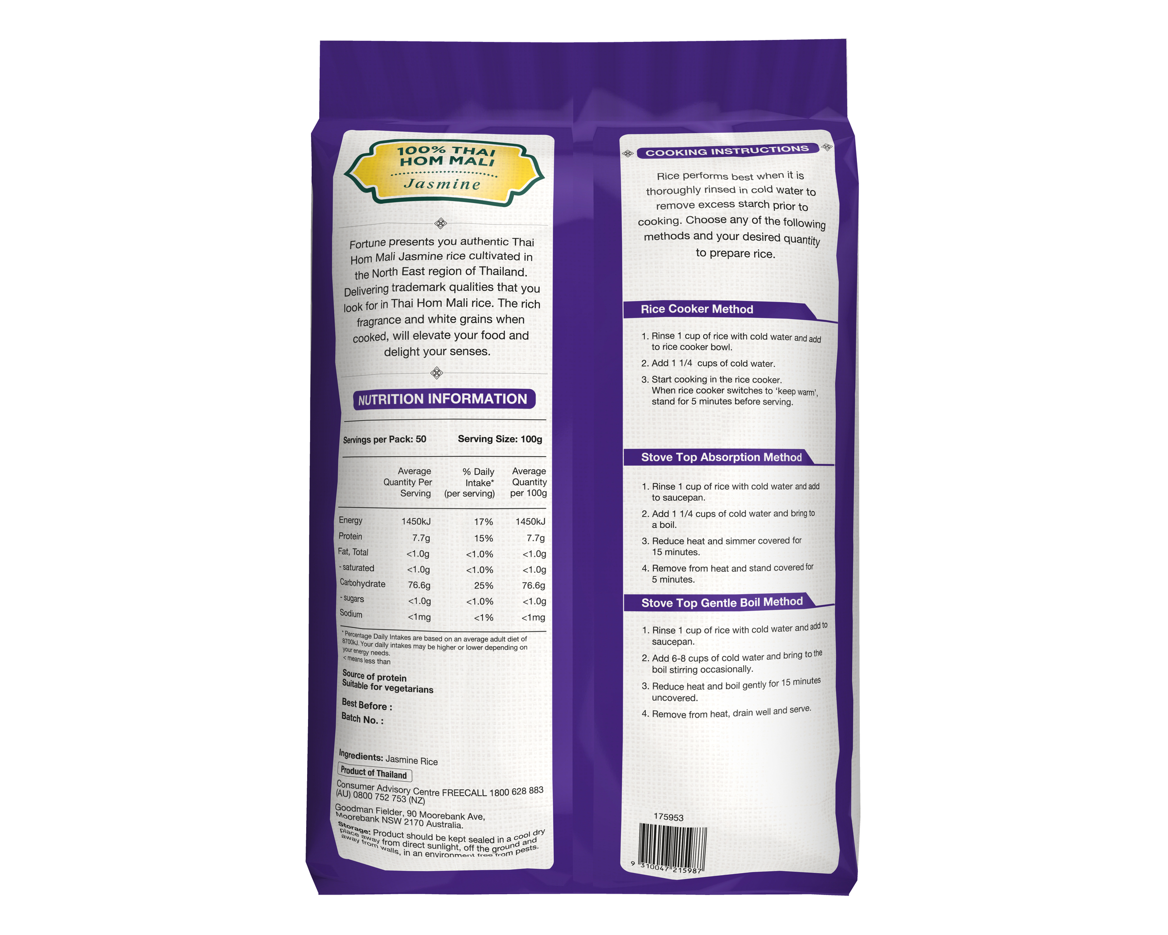 Fortune Thai Hom Mali Jasmine Rice 4x5kg
