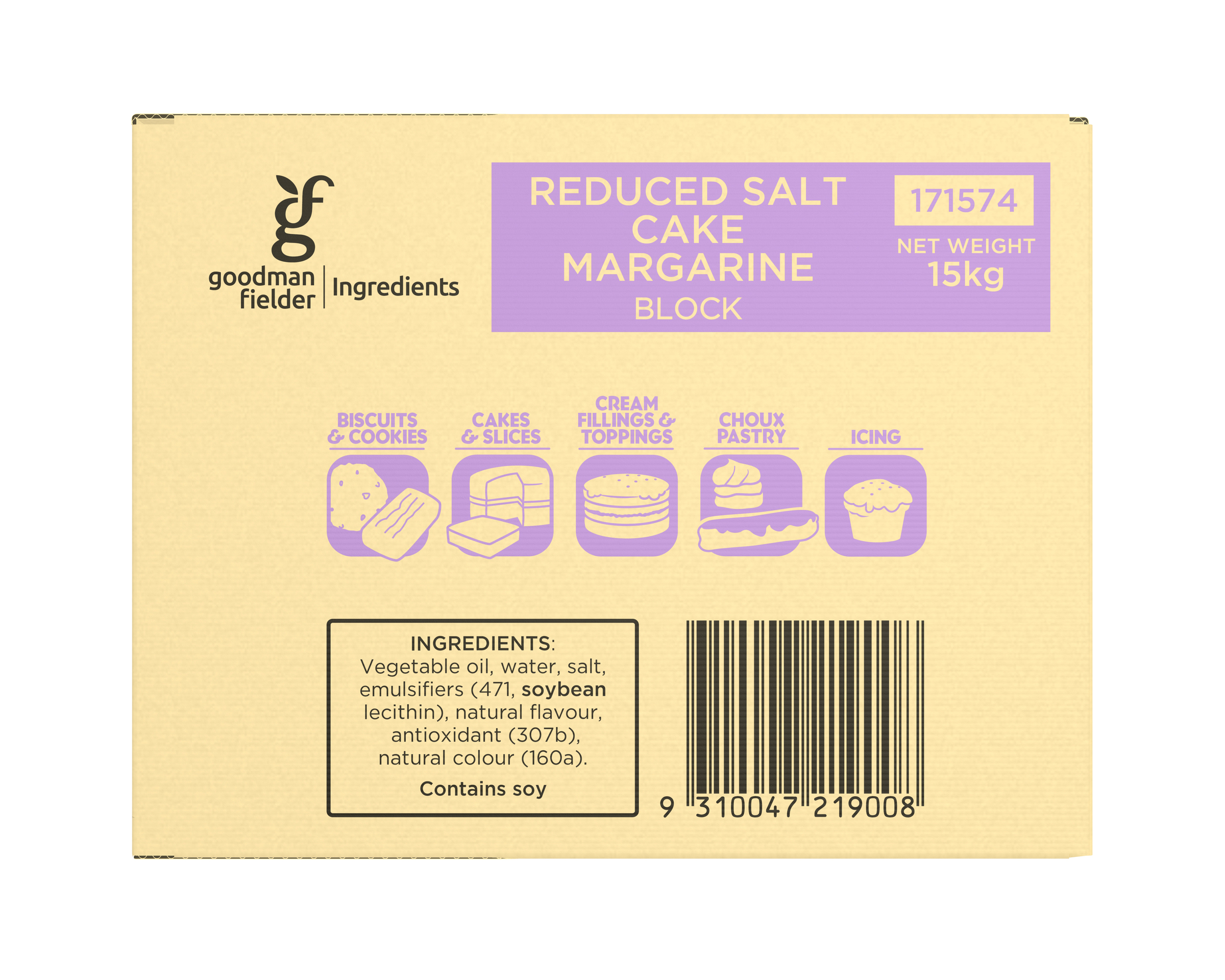 Goodman Fielder Ingredients Reduced Salt Cake Margarine Block Soft 15kg