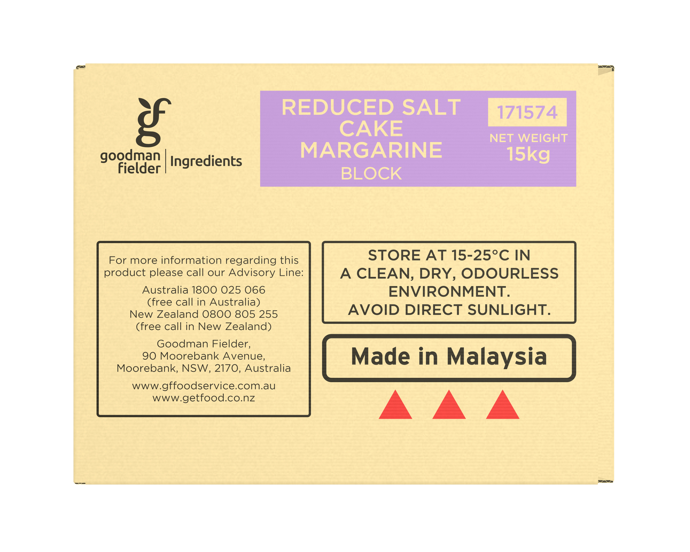 Goodman Fielder Ingredients Reduced Salt Cake Margarine Block Soft 15kg