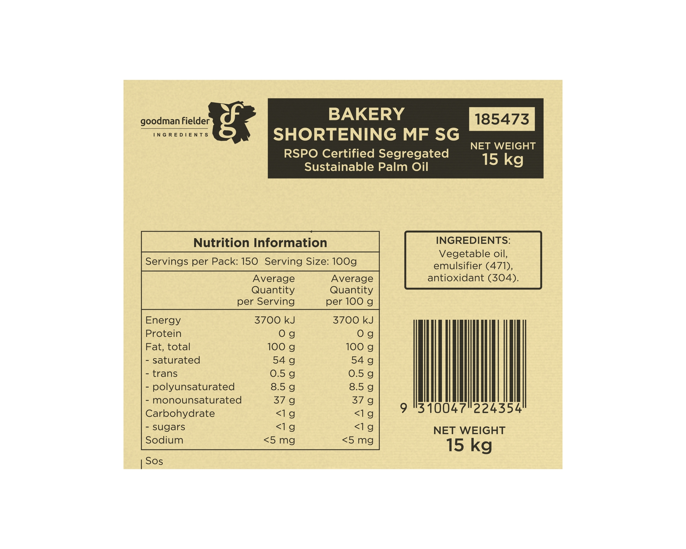 GF Ingredients Shortening Shortening Bakery 1 x 15 kg