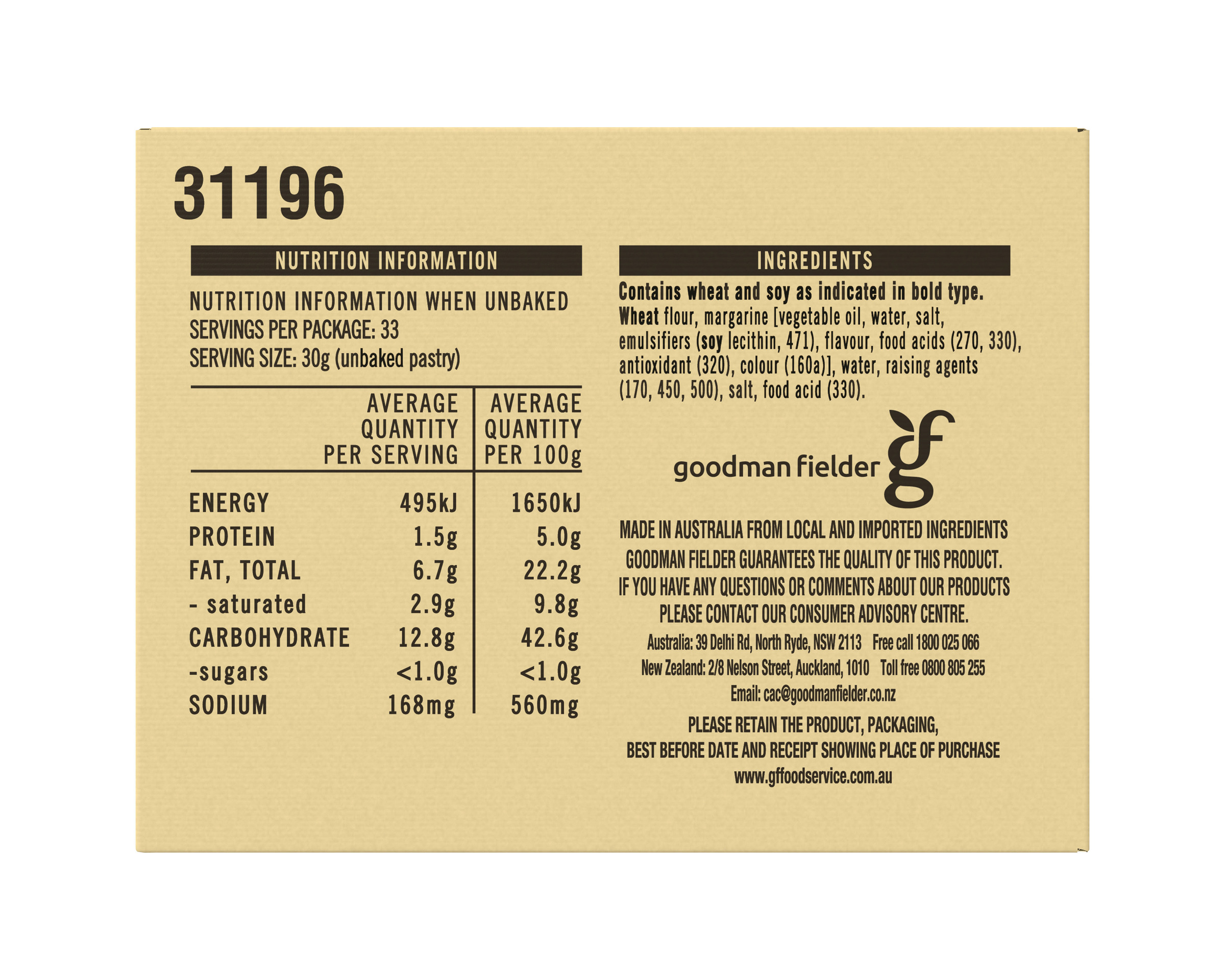 Pampas Shortcrust Pastry 12 x 1kg