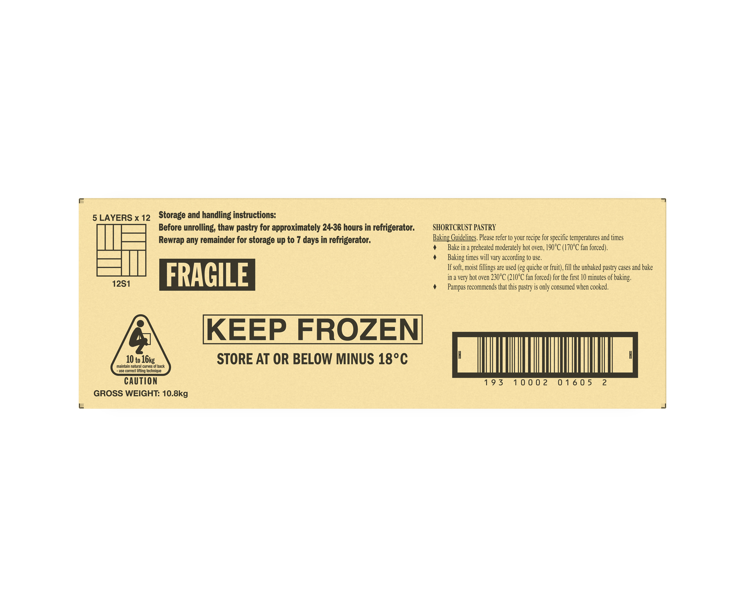 Pampas Traditional Frozen Rolled Shortcrust Pastry 10kg