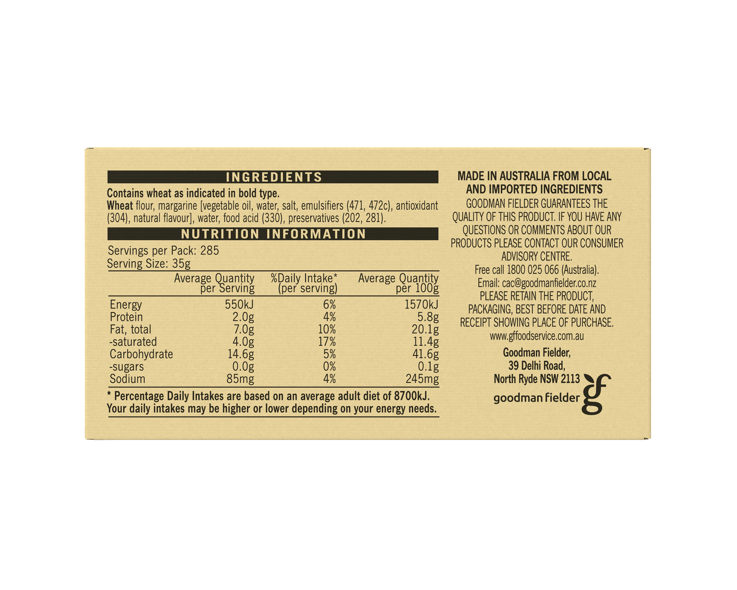 Pampas Frozen Rolled Shortcrust Pastry 2 x 5kg
