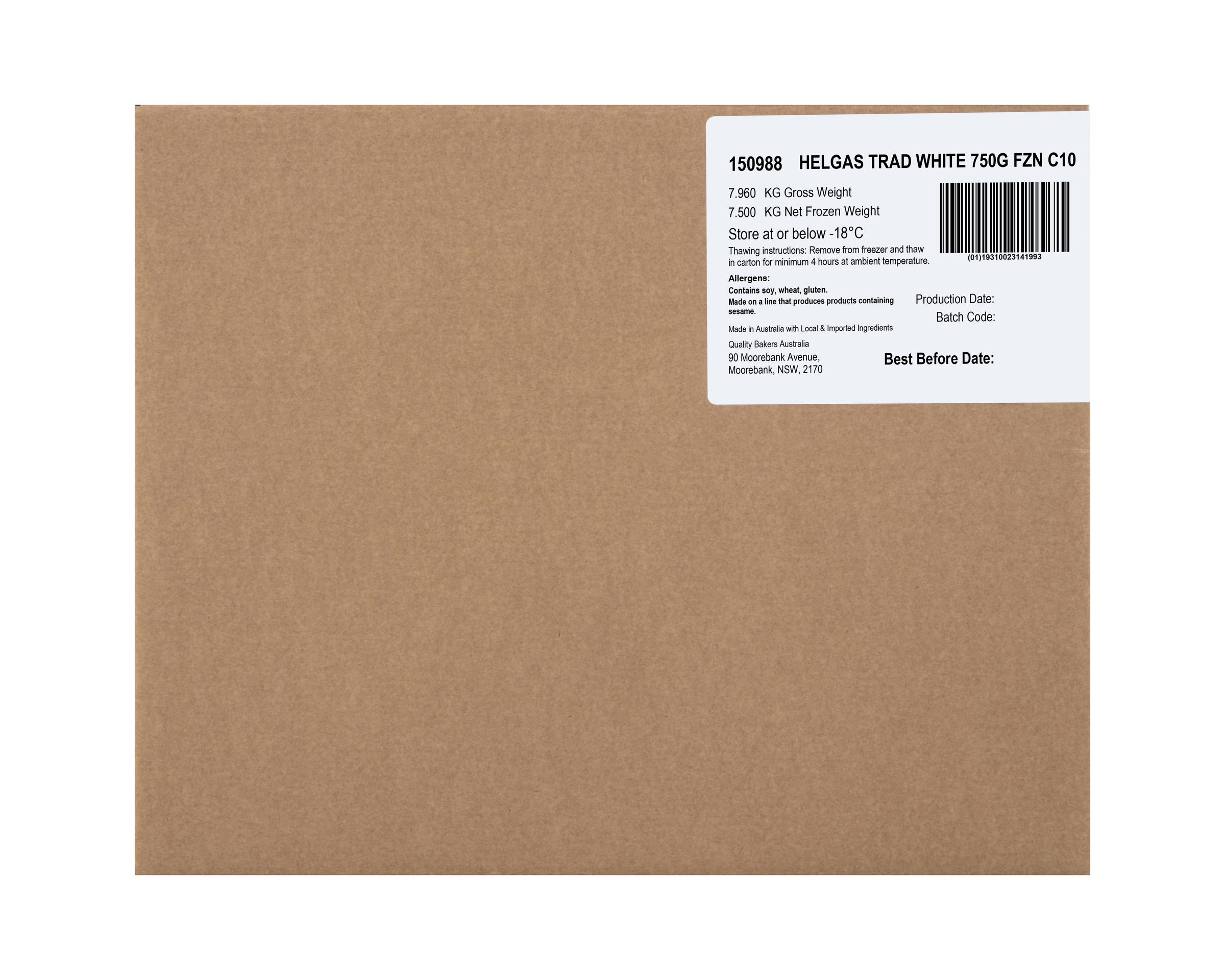Helgas Loaf Traditional White Frozen 7.5 kg