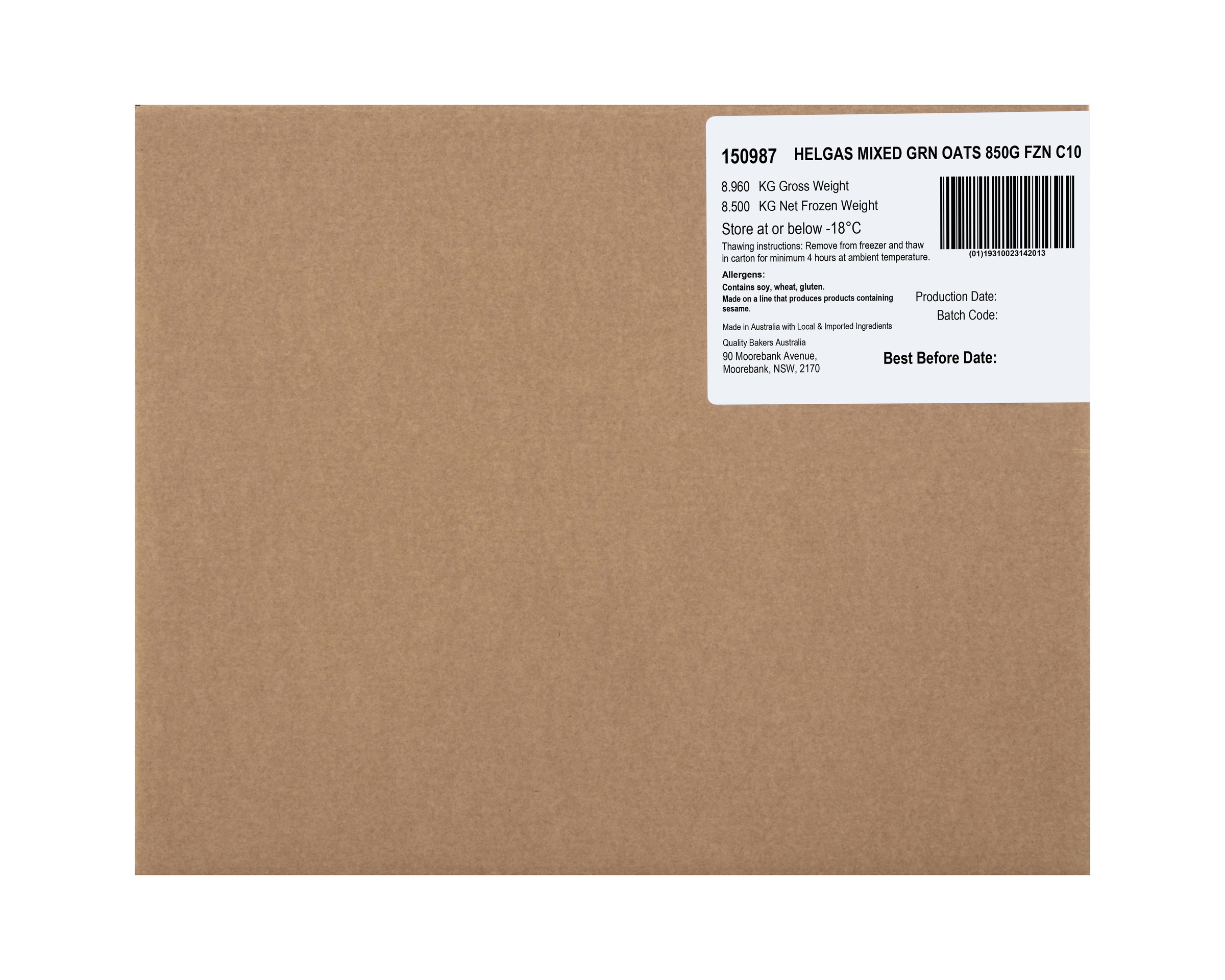 Helgas Loaf Mixed Grain Oats Frozen 8.5 kg