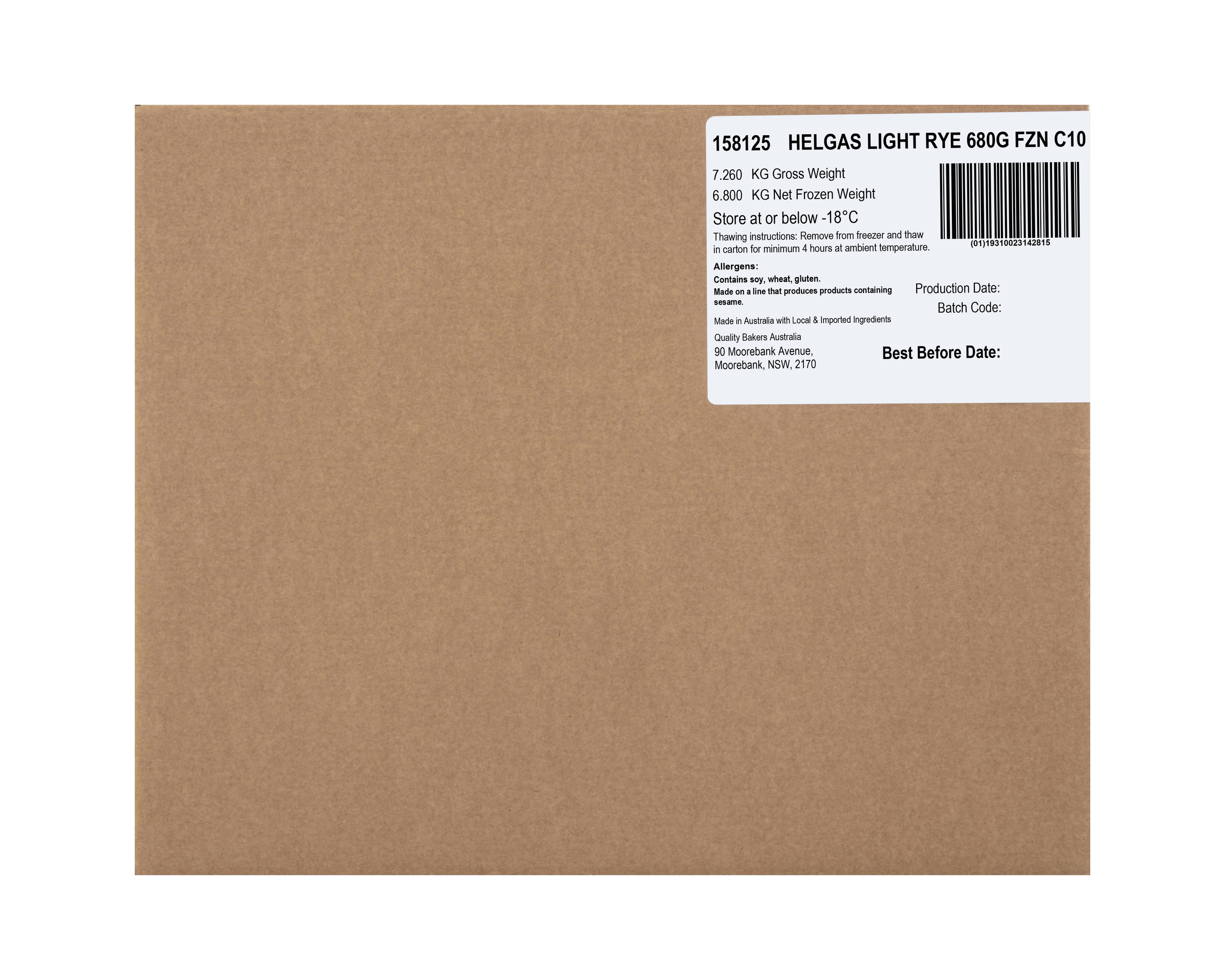 Helgas Loaf Light Rye Frozen 6.8 kg